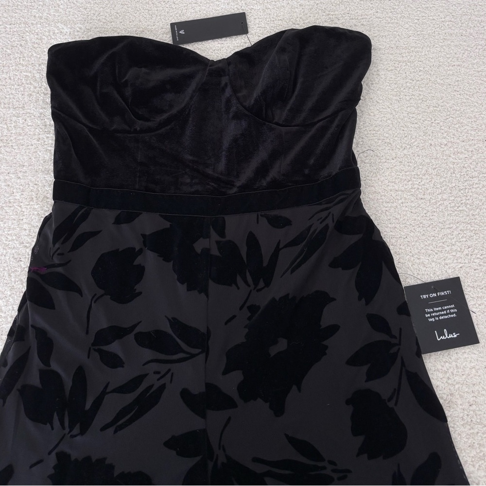 Lulus Black Velvet Floral Strapless Jumpsuit (NWT)